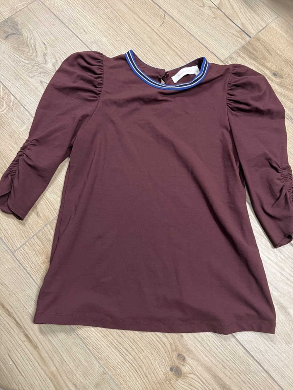 See By Chloe Burgundy Puff Sleeve Top with Striped Neck